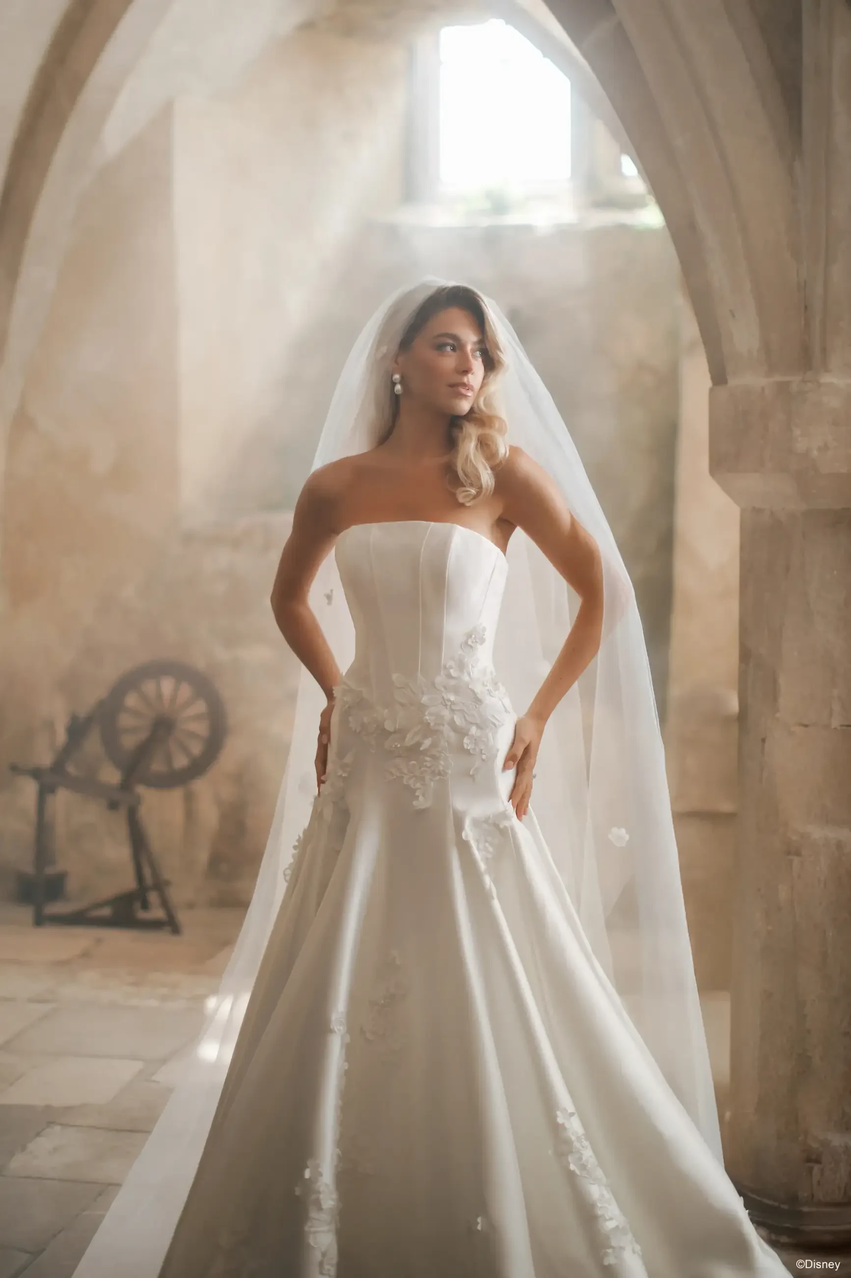 A woman in a strapless wedding dress stands elegantly, wearing a veil and posing confidently in a softly lit, rustic setting.