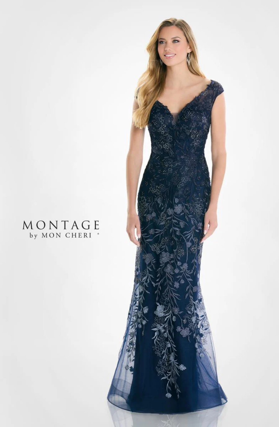 model is wearing an ombre cap sleeve mother of the bride dress