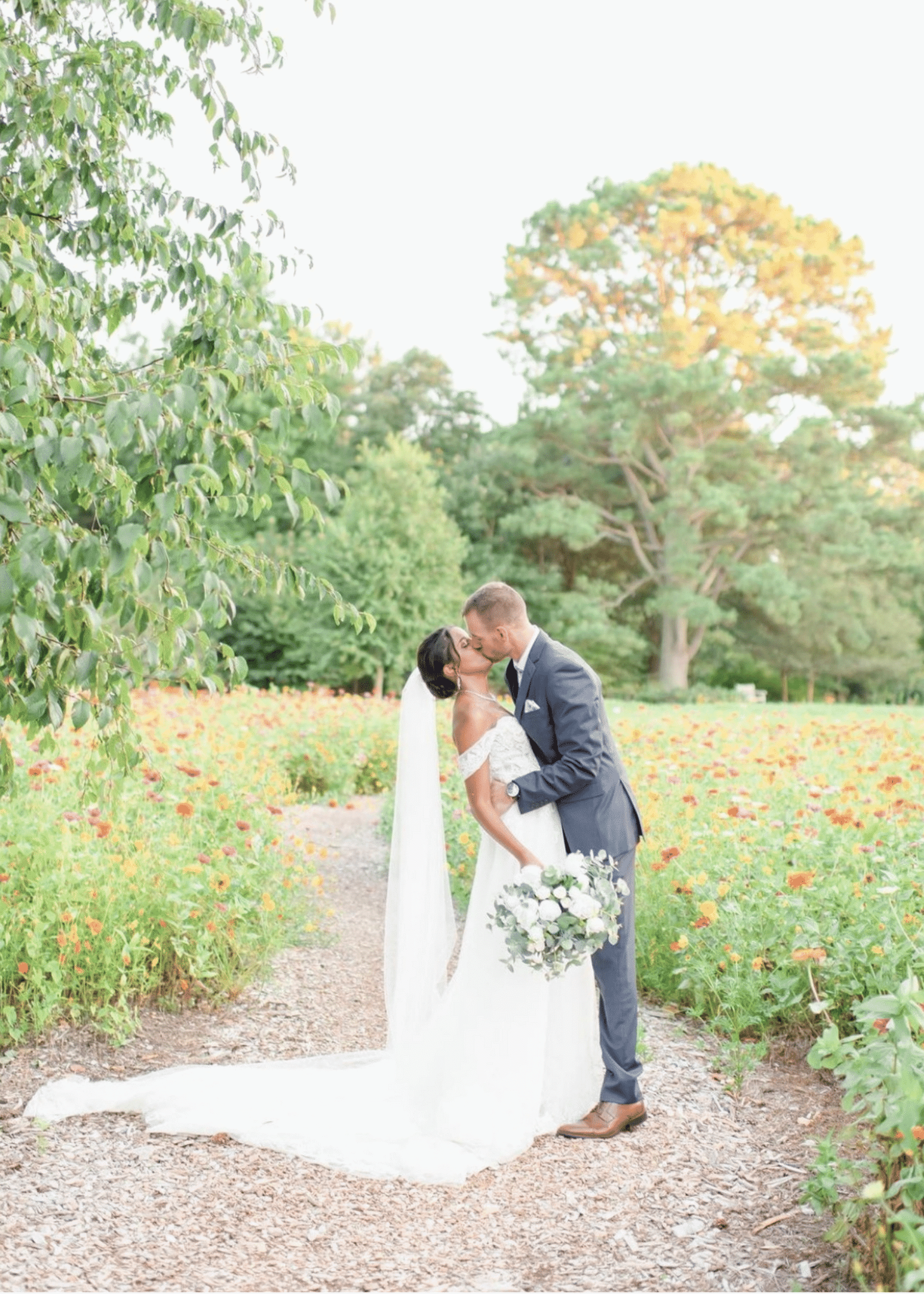 Сouple wearing a white gown and a black suit